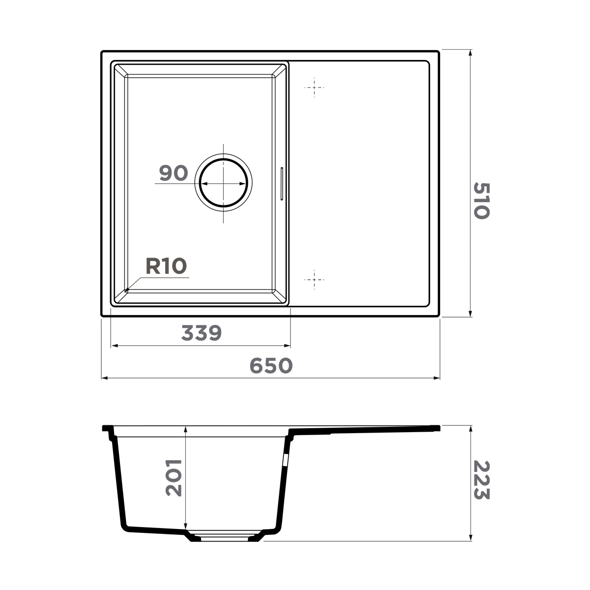 Omoikiri Yoru 64 Side-BL Artgranit/черный