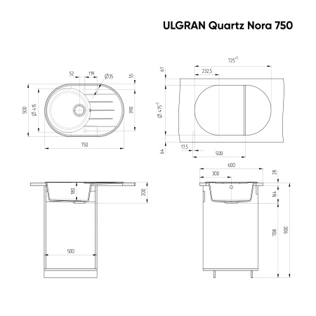 Мойка ULGRAN Quartz Nora 750-01
