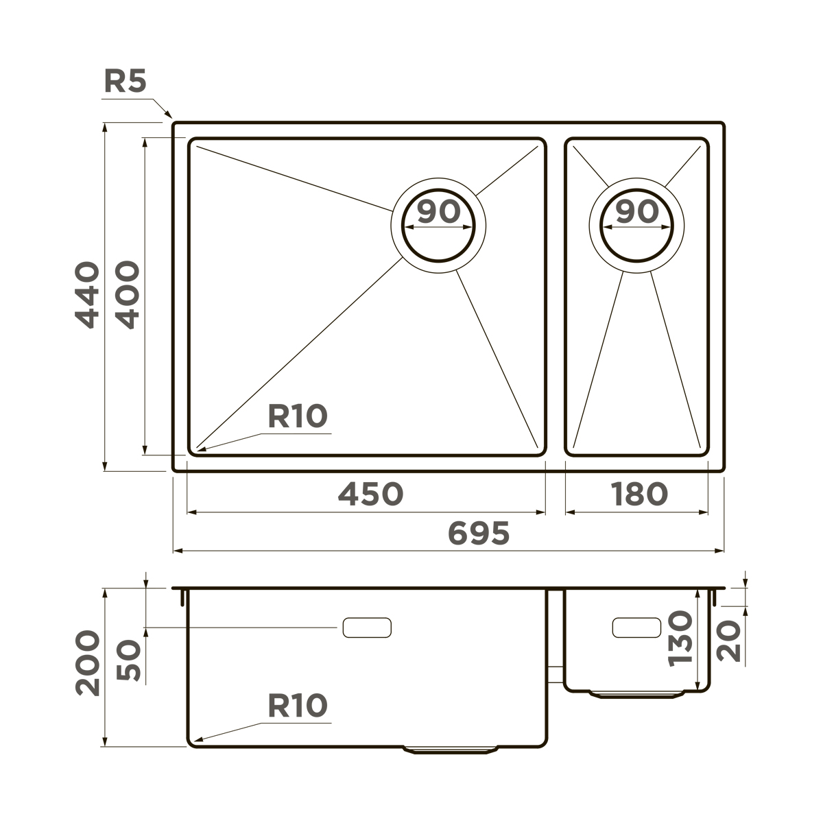 Omoikiri Taki 69-2-U/IF-R Side-IN нерж. сталь/нержавеющая сталь