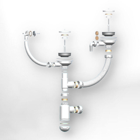 Сифон двойной GRAND 31/2 с круглым переливом и винтом и отводом металл.(341-11-24)