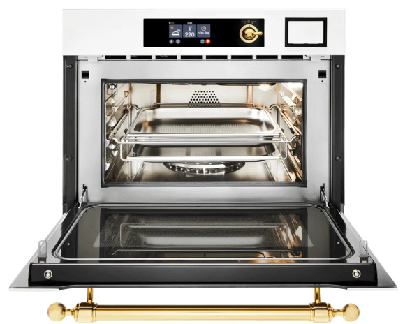 Компактный духовой шкаф Ultracombi 3 в 1 ILVE 645-SNHSW/WHG белый (ручки латунь)