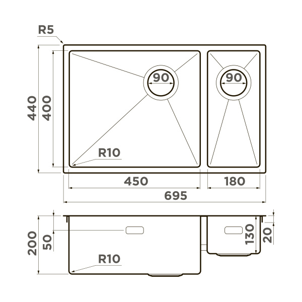 Omoikiri Taki 69-2-U/IF-R Side-IN нерж. сталь/нержавеющая сталь