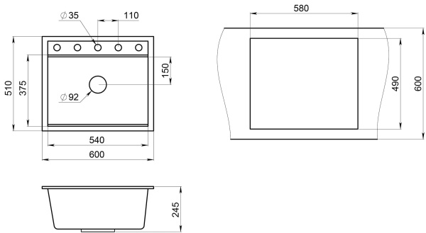 Кухонная мойка GRANULA KS-6003, АЛЮМИНИУМ, кварц